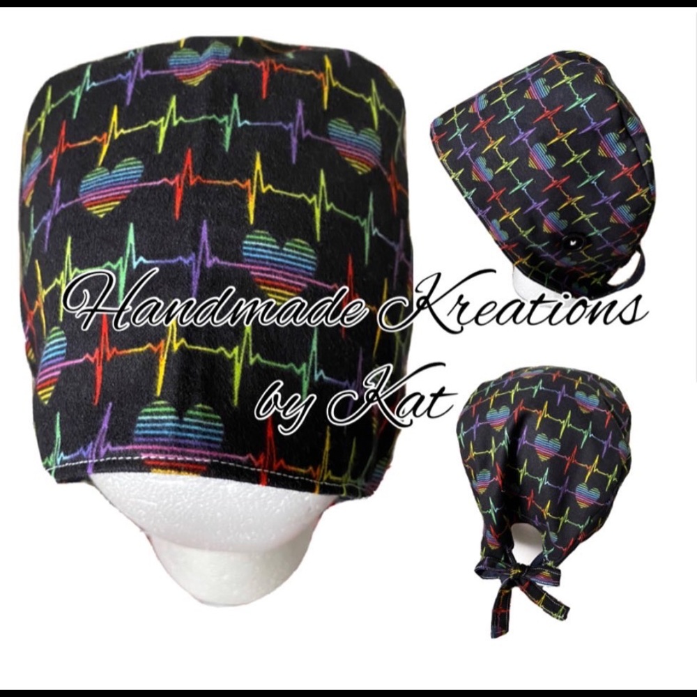 Nurse RN LVN DR Healthcare worker EKG rainbow hearts surgical tech scrub cap
